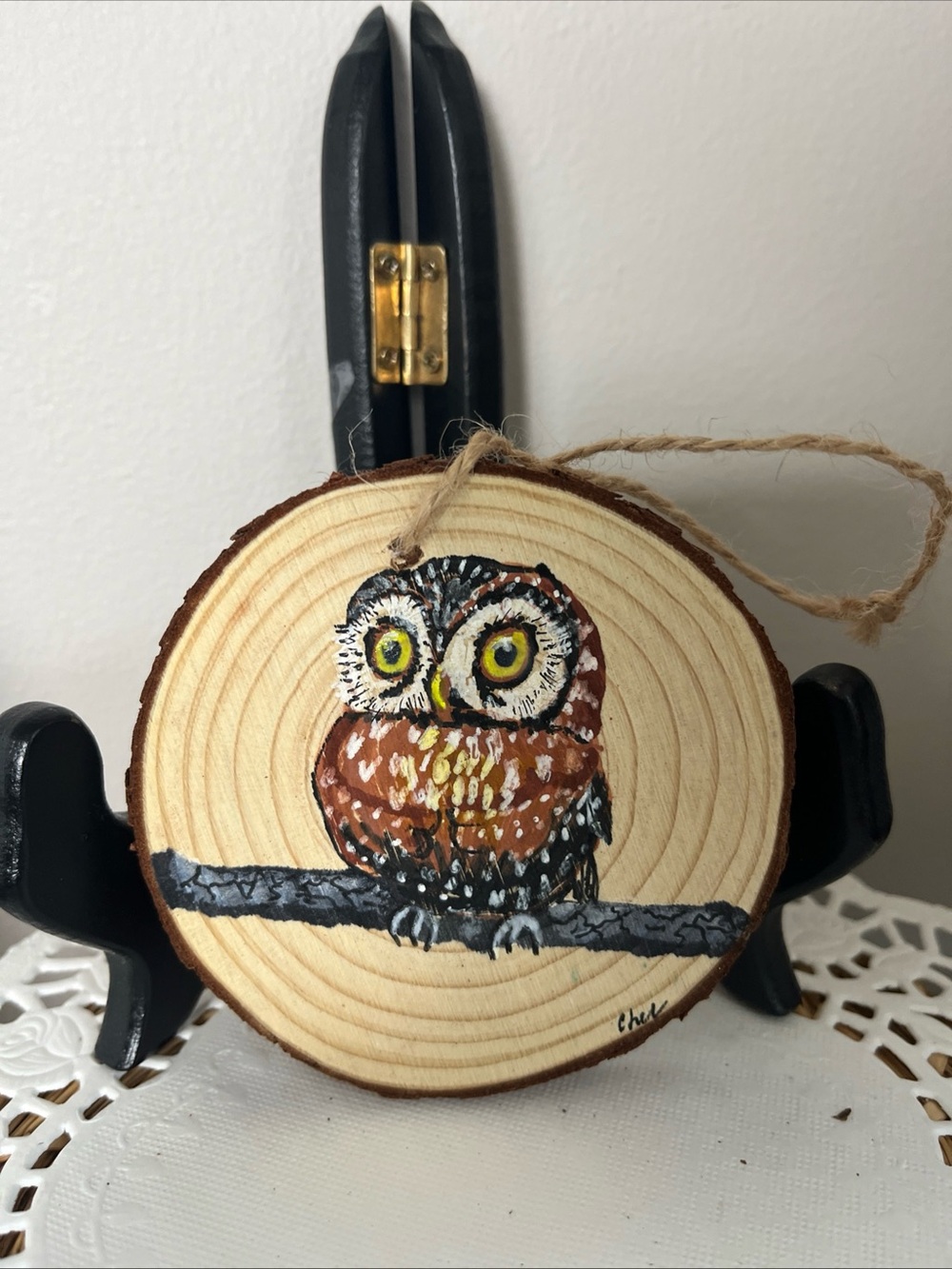 Hand-Painted Owl Wood Slice Ornament in Brown and Yellow